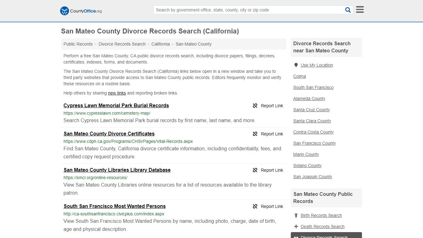 San Mateo County Divorce Records Search (California)