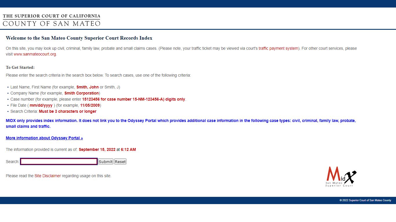 MIDX: the San Mateo County Superior Court Records Index: the Court's ...